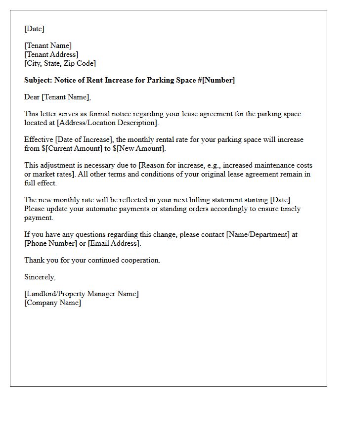 Vehicle Parking Space Lease Rate Increase Letter