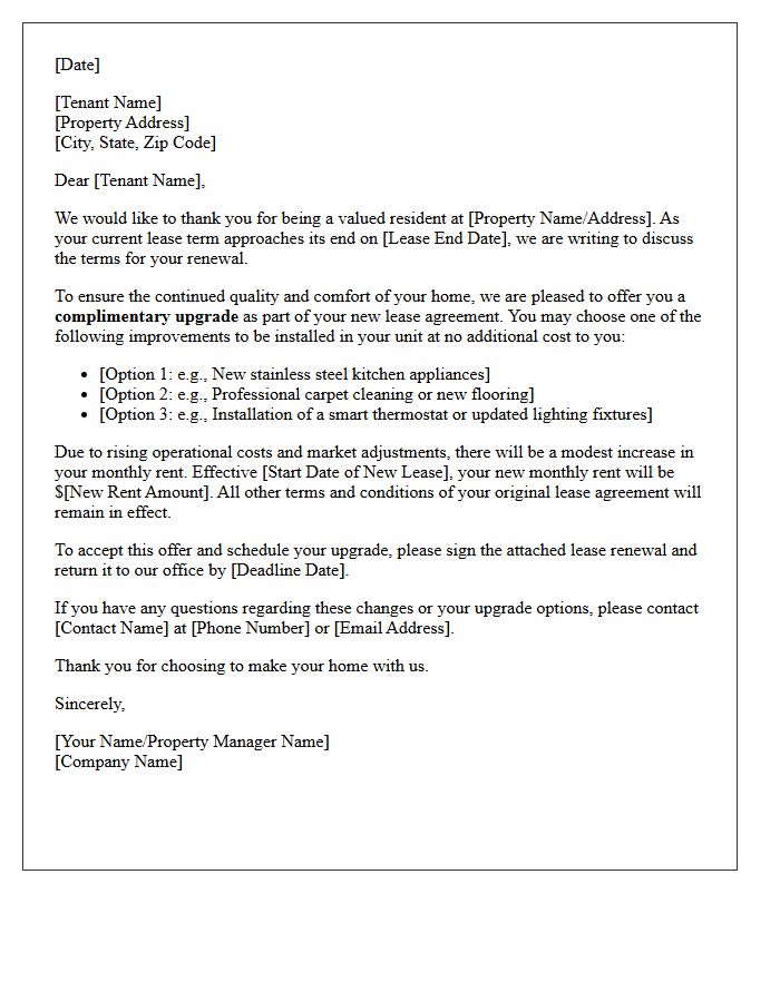 Complimentary Upgrade and Rent Increase Letter for Existing Tenants