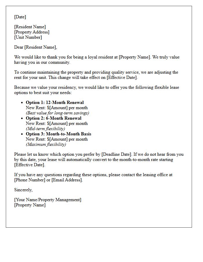 Flexible Lease Options Rent Increase Letter for Loyal Residents