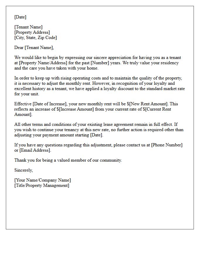 Tenant Loyalty Recognition Rent Increase Letter