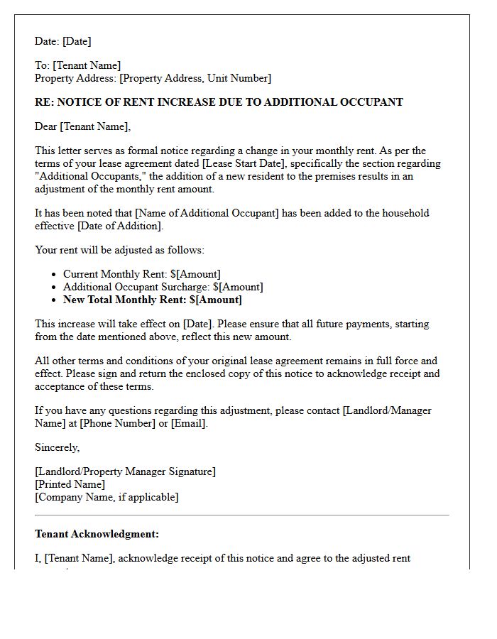 Additional Occupant Rent Increase Notice Letter