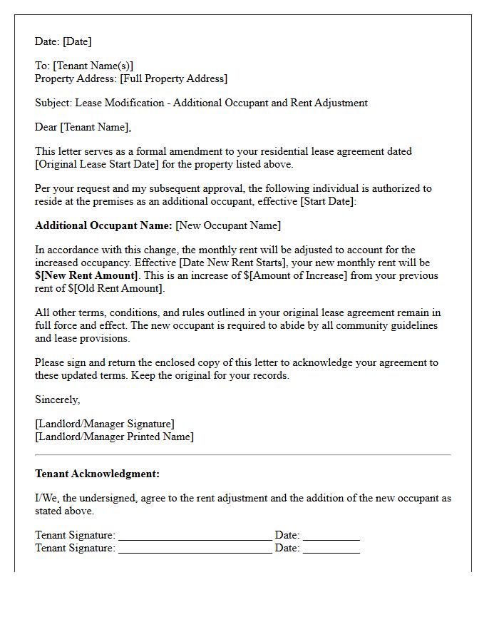 Lease Modification for Additional Occupant Rent Letter
