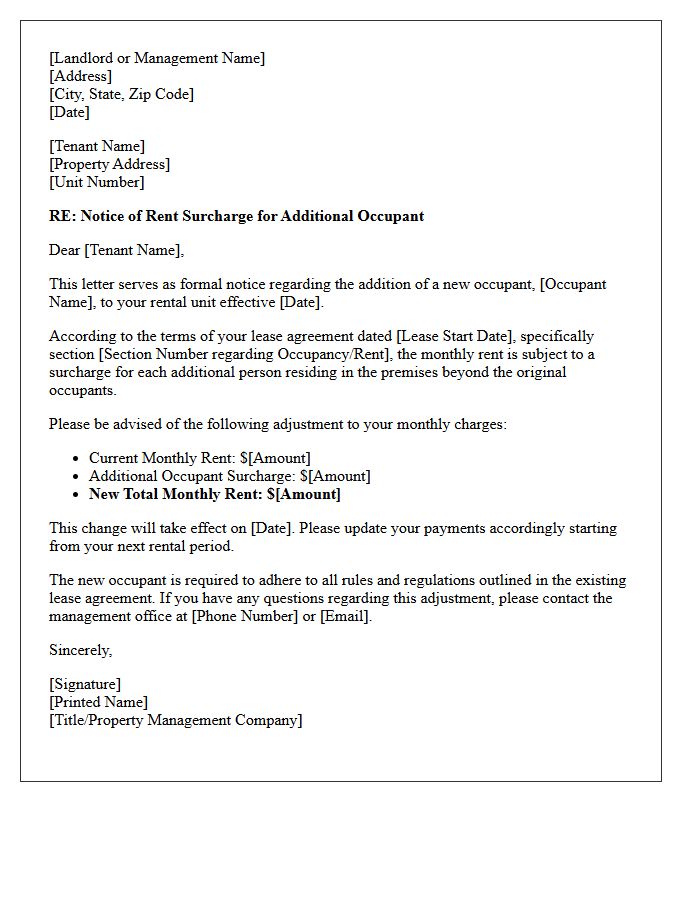 New Occupant Rent Surcharge Notice Letter