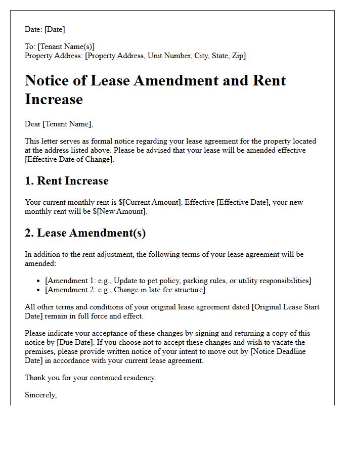Notice of Lease Amendment and Rent Increase Letter