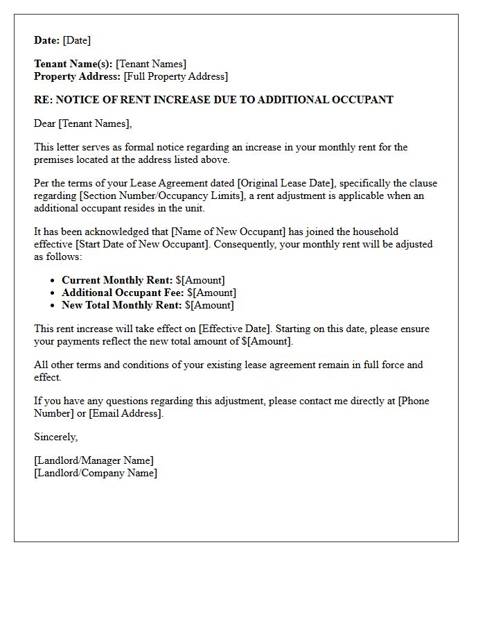 Notice of Rent Increase for Additional Occupant Letter