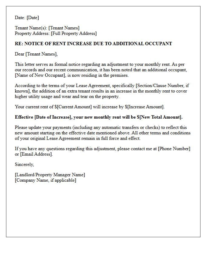 Notice of Rent Increase for Extra Tenant Letter