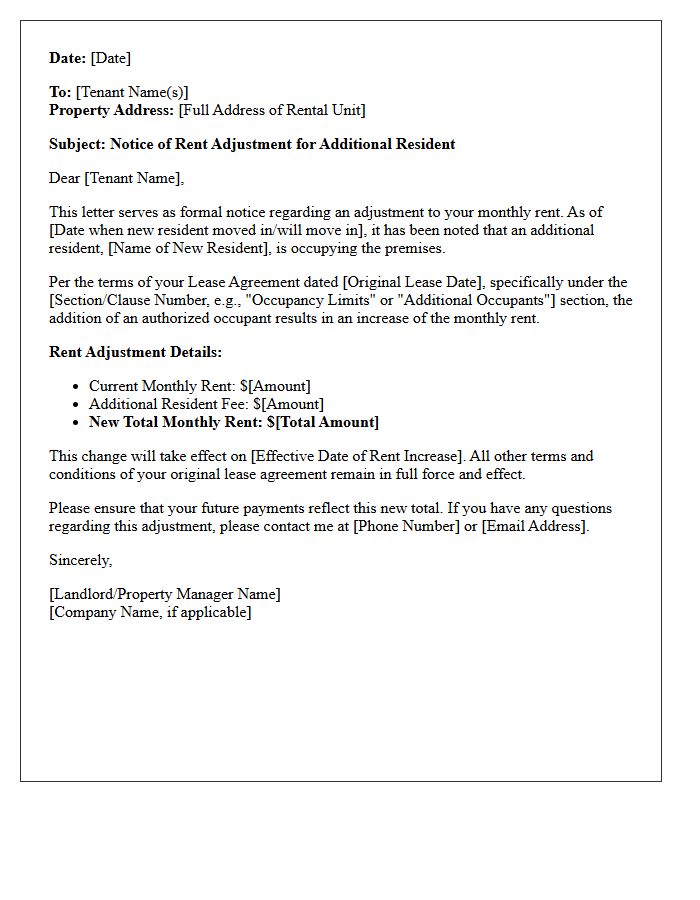 Rent Adjustment for Additional Resident Notice Letter