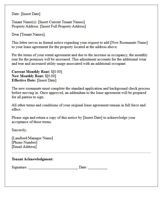 Roommate Addition Rent Increase Notice Letter