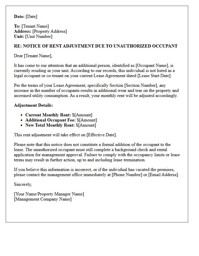 Unauthorized Occupant Rent Adjustment Notice Letter