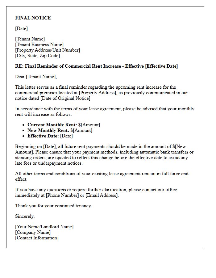 Final Reminder of Pending Commercial Rent Increase Letter