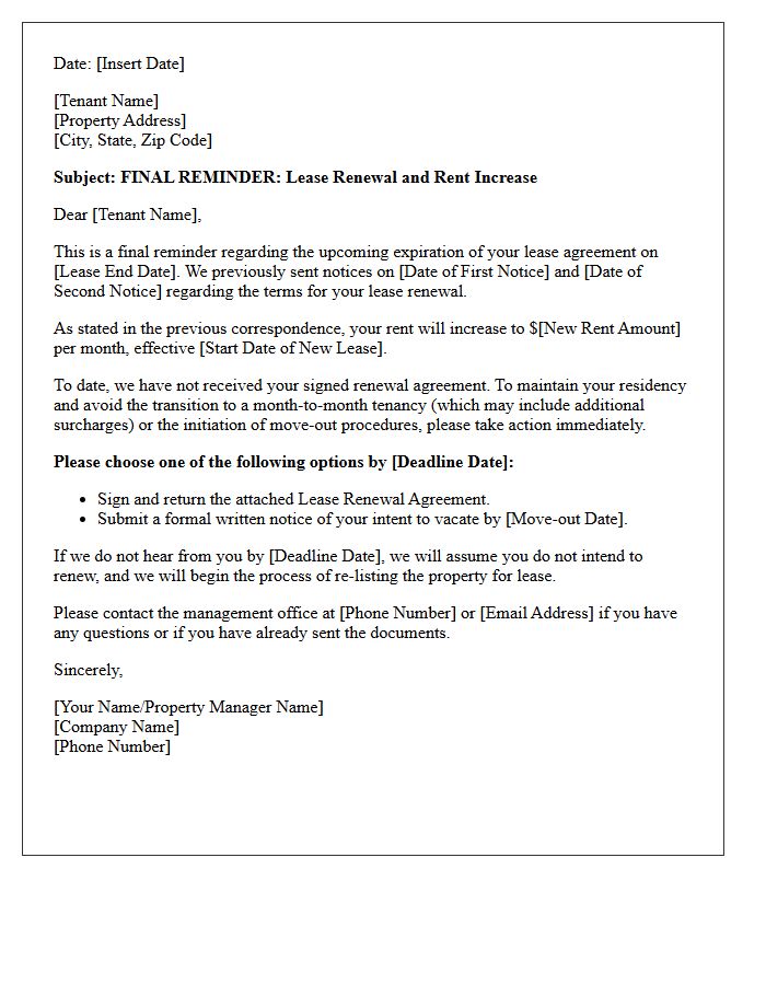 Final Reminder of Pending Lease Renewal Rent Increase Letter