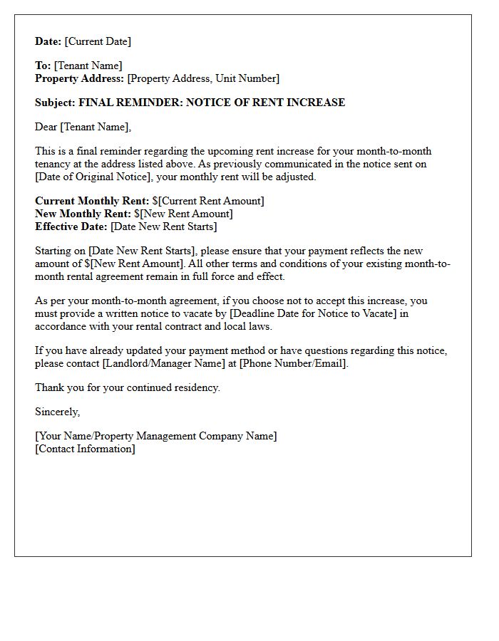 Final Reminder of Pending Month-to-Month Rent Increase Letter