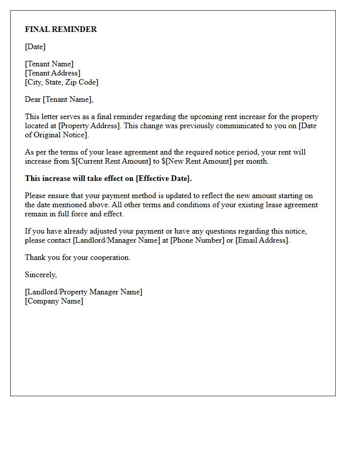 Final Reminder of Pending Rent Increase Letter