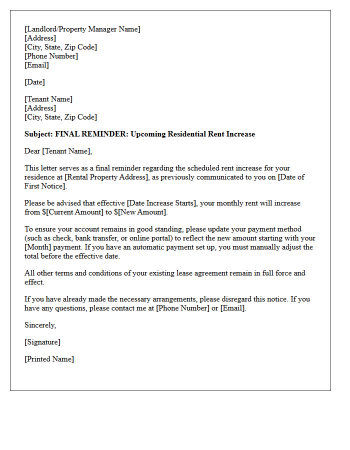 Final Reminder of Pending Residential Rent Increase Letter