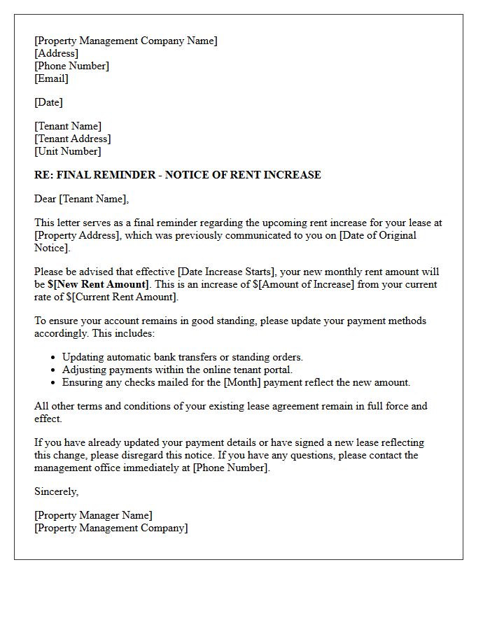 Property Management Final Reminder of Pending Rent Increase Letter