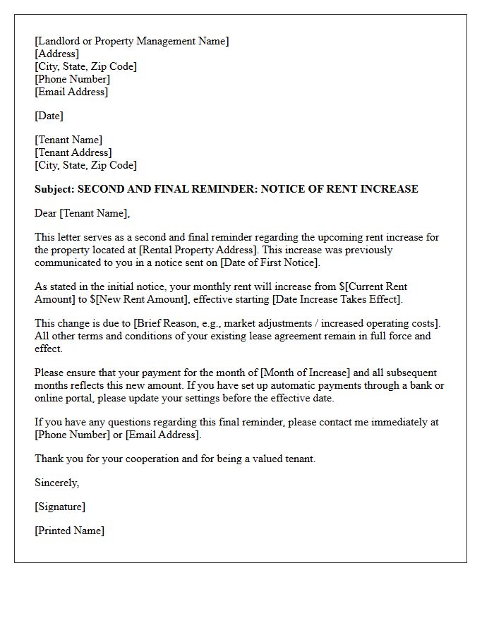 Second and Final Reminder of Pending Rent Increase Letter
