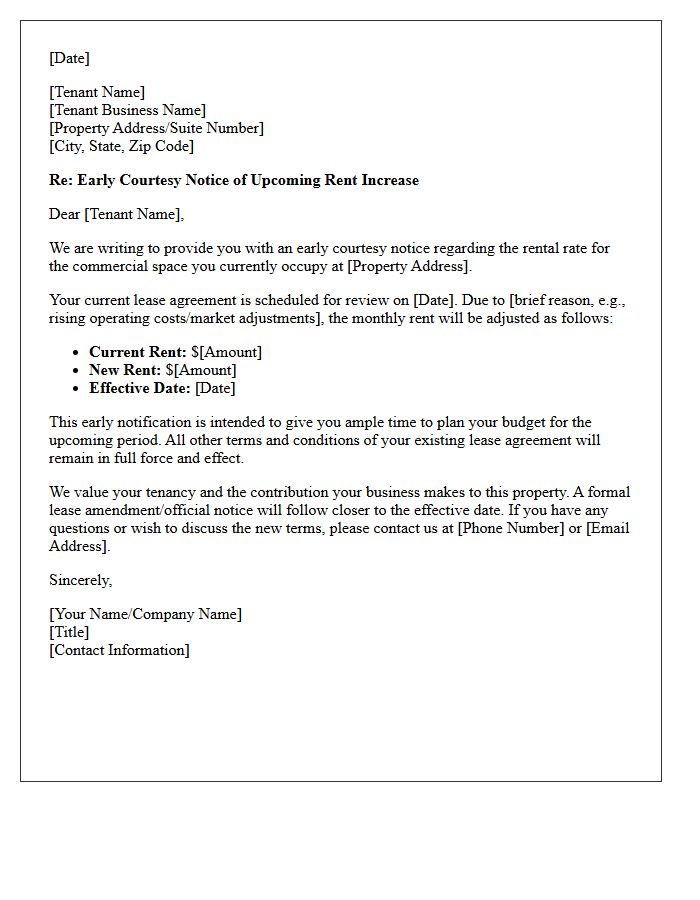 Commercial Property Early Warning Rent Increase Letter