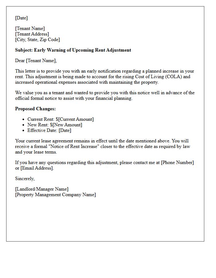 Cost of Living Adjustment Early Warning Rent Increase Letter