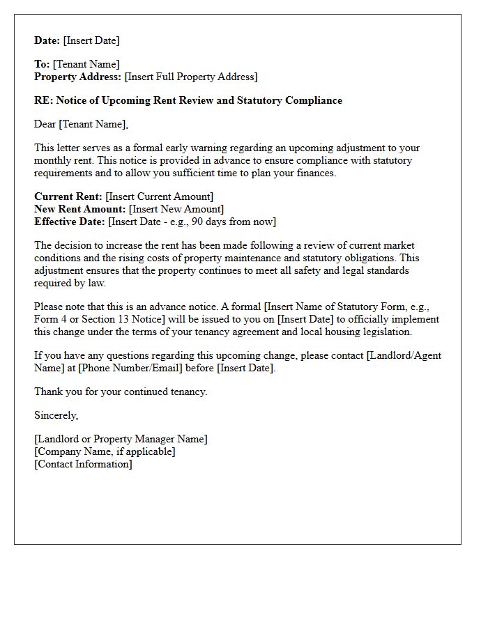 Statutory Compliance Early Warning Rent Increase Letter