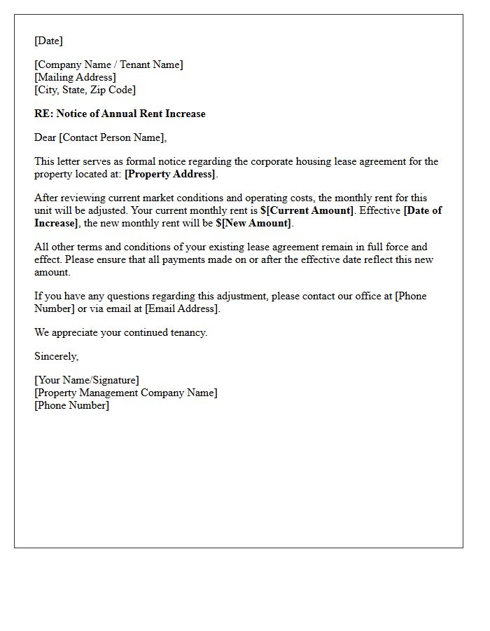 Annual Corporate Housing Rent Increase Notice Letter