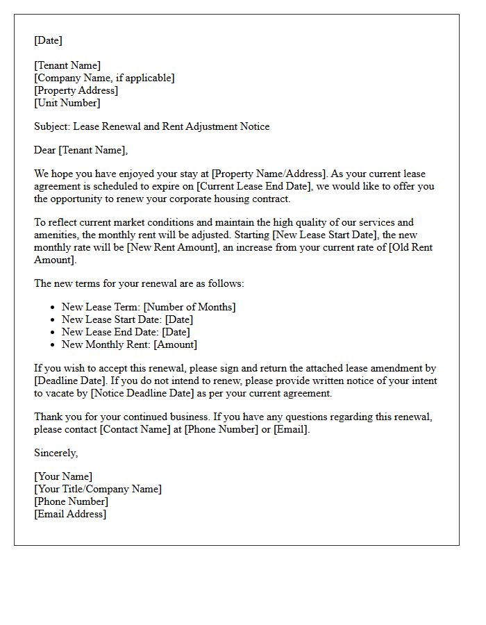 Corporate Housing Lease Renewal and Rent Increase Letter