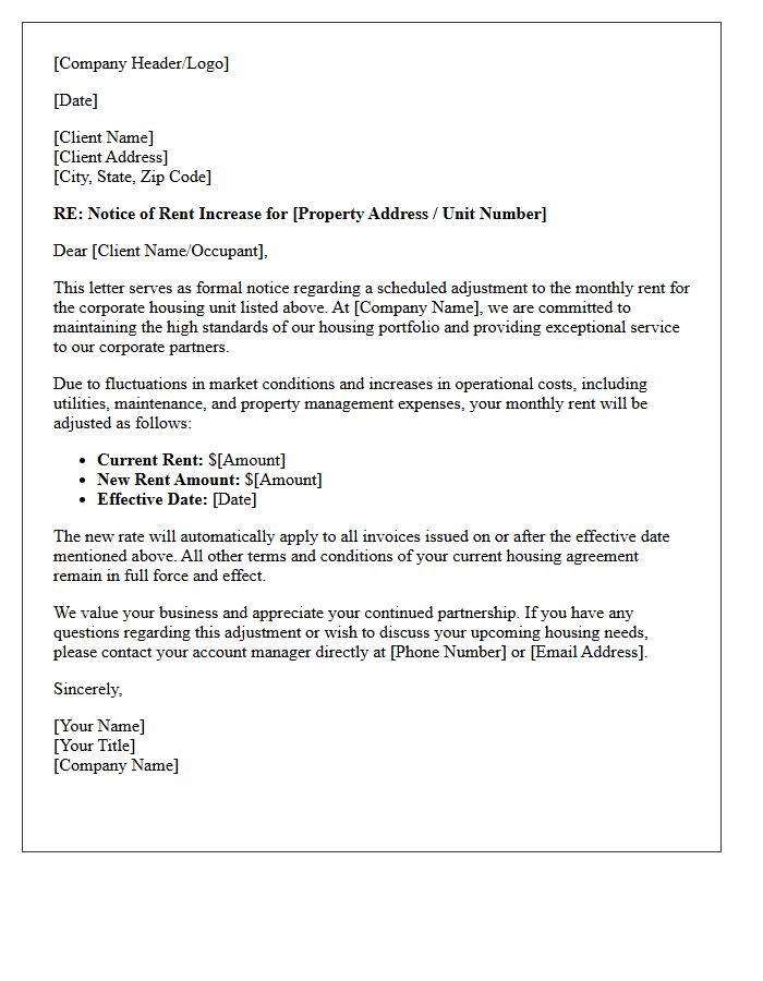 Corporate Housing Portfolio Rent Increase Advisory Letter