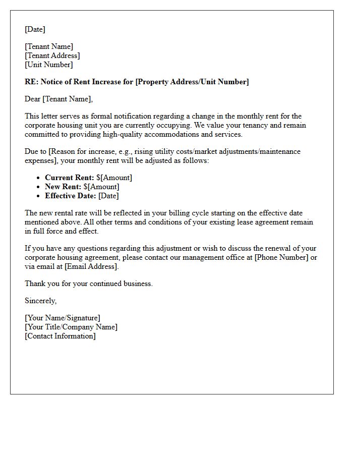 Corporate Housing Tenant Rent Increase Notification Letter