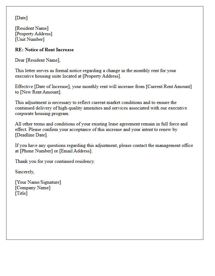 Executive Corporate Housing Rent Increase Notice Letter