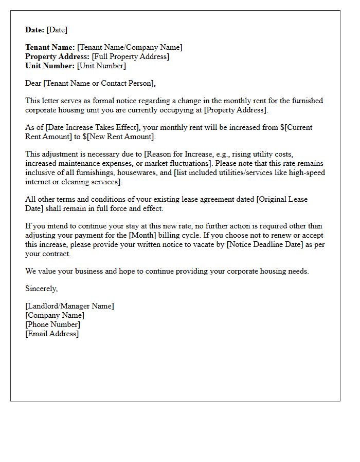 Furnished Corporate Housing Rent Increase Notice Letter