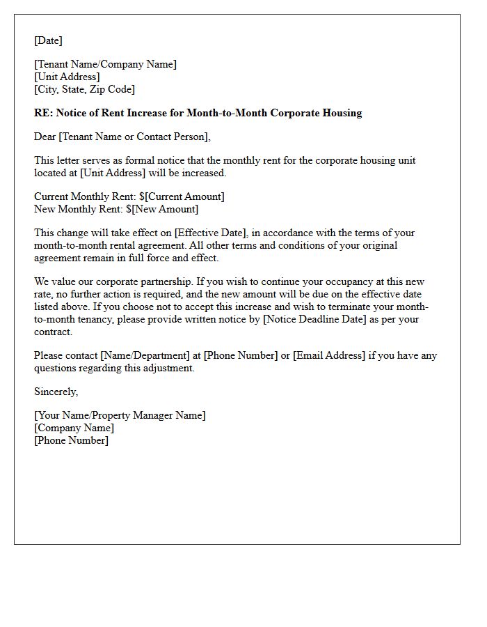 Month-to-Month Corporate Housing Rent Increase Letter