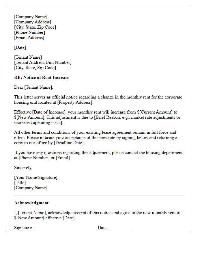 Official Corporate Housing Rent Increase Letter