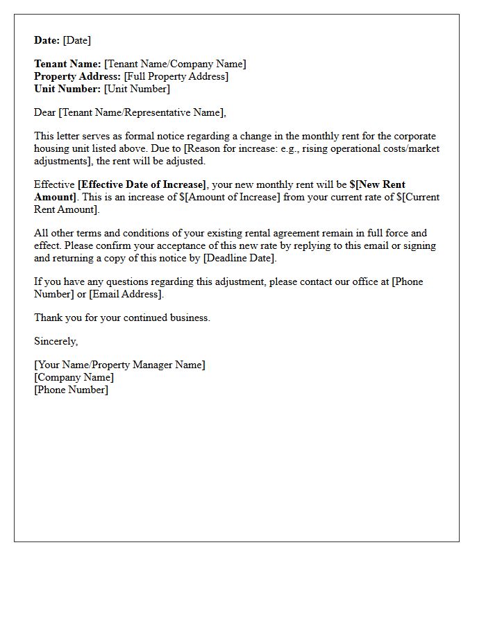 Short-Term Corporate Housing Rent Increase Notice Letter