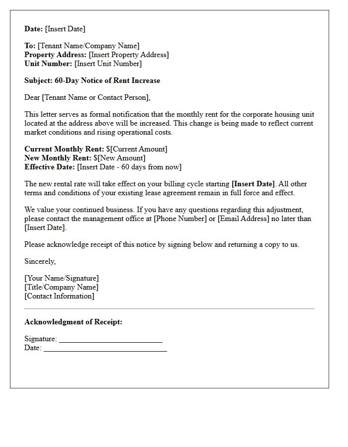 Sixty-Day Corporate Housing Rent Increase Notice Letter