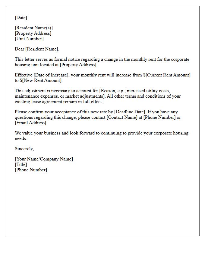 Standard Corporate Housing Rent Increase Notice Letter