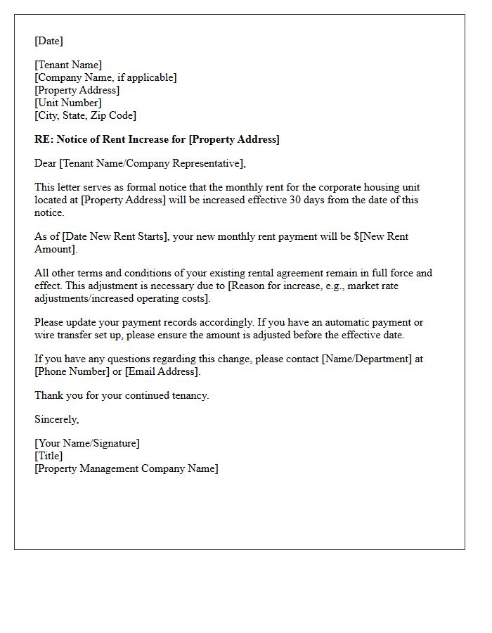 Thirty-Day Corporate Housing Rent Increase Notice Letter