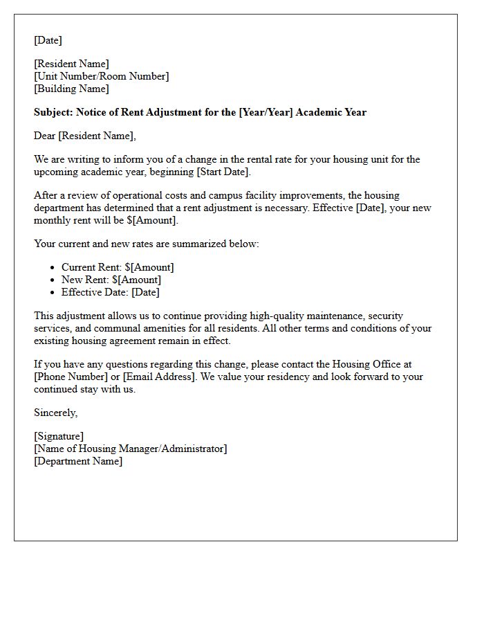 Academic Year Housing Rent Adjustment Letter