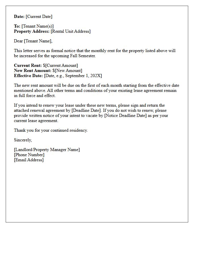 Fall Semester Rent Increase Notification Letter