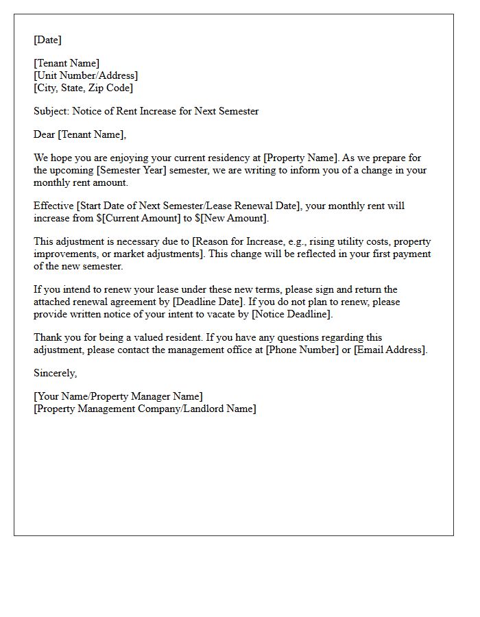 Next Semester Rent Escalation Informational Letter