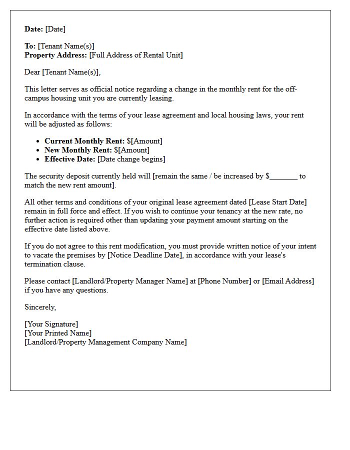 Off-Campus Housing Rent Modification Notice Letter