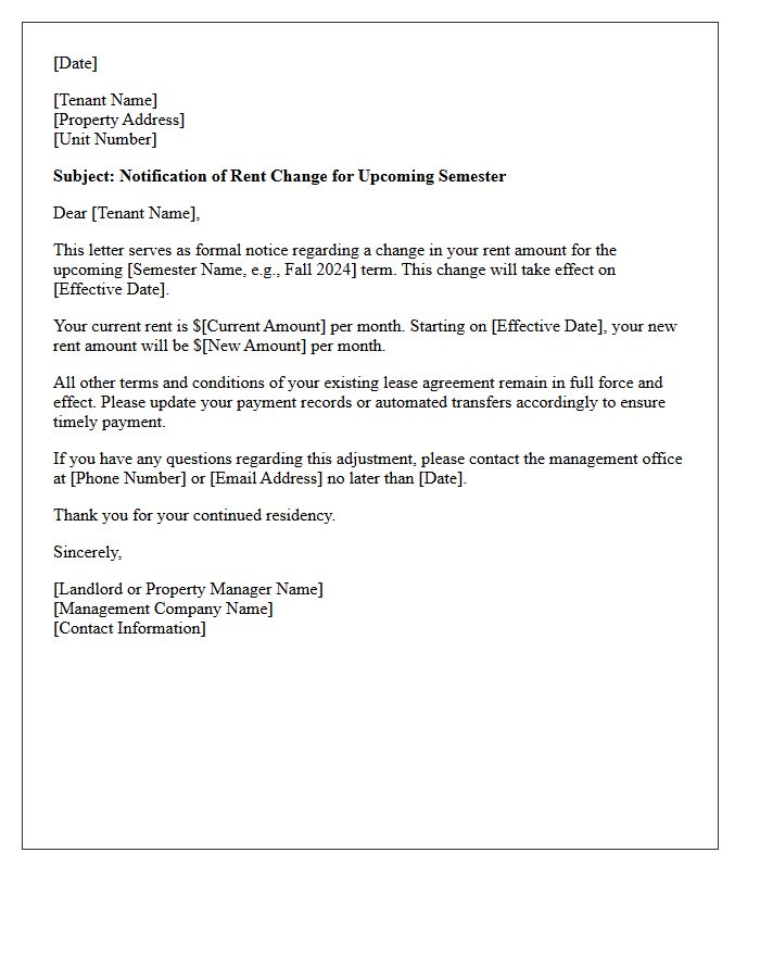 Semester Term Rent Change Notification Letter