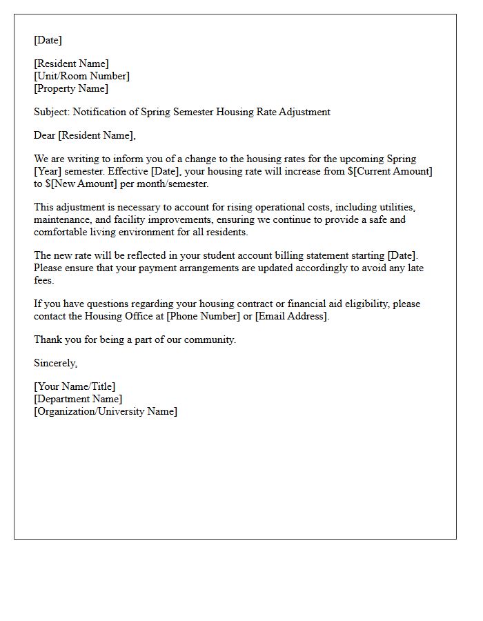 Spring Semester Housing Rate Increase Letter
