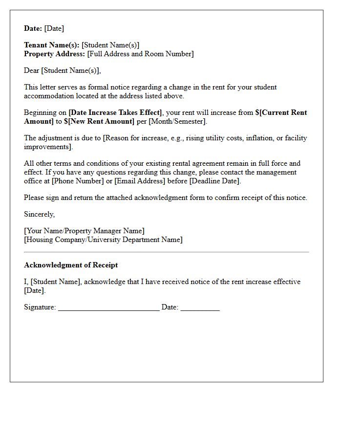Student Accommodations Rent Increase Notice Letter