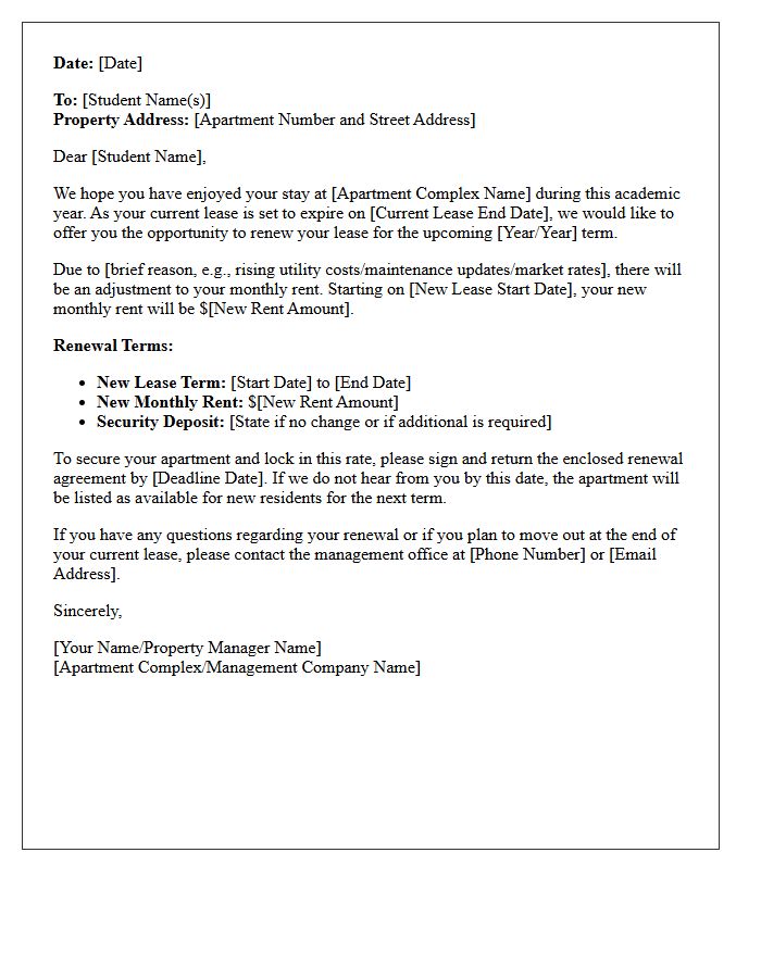 Student Apartment Lease Renewal Rent Increase Letter