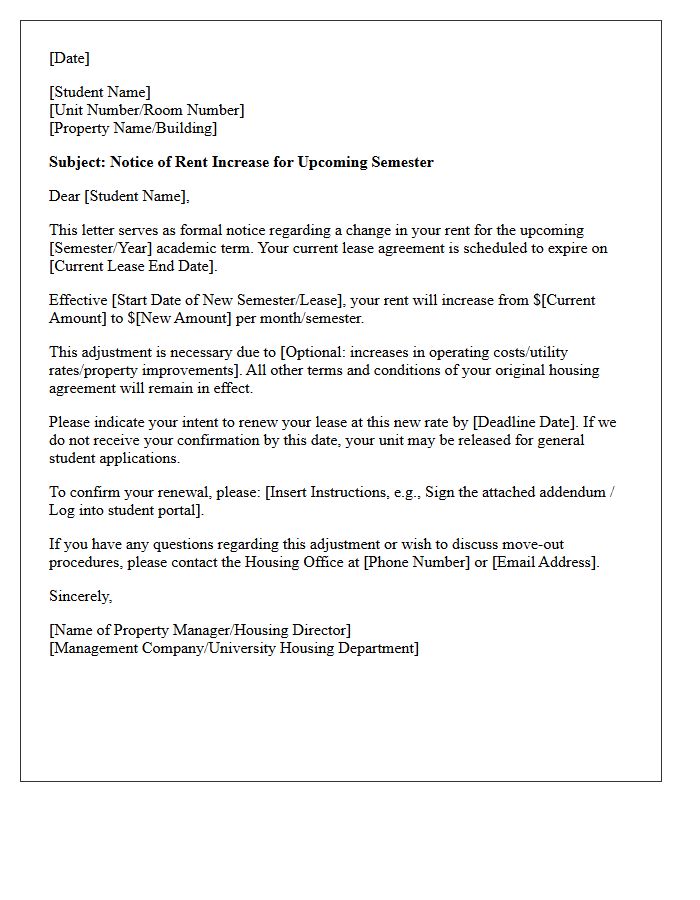 Student Housing Semester Rent Increase Notice Letter
