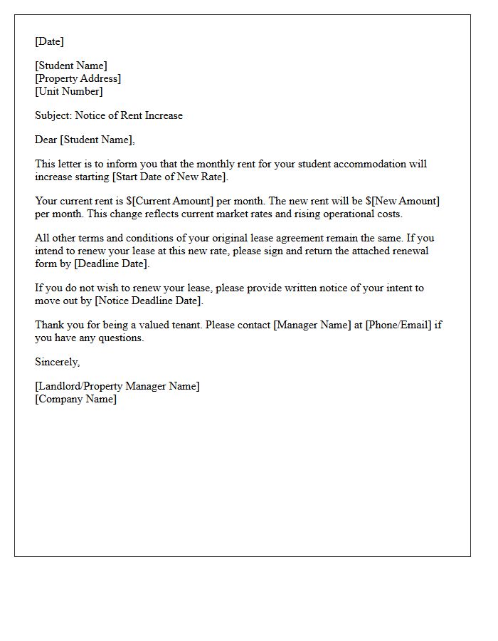 Student Tenant Lease Rate Increase Letter