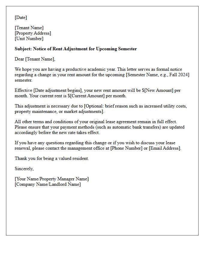 Upcoming Semester Rent Adjustment Notice Letter