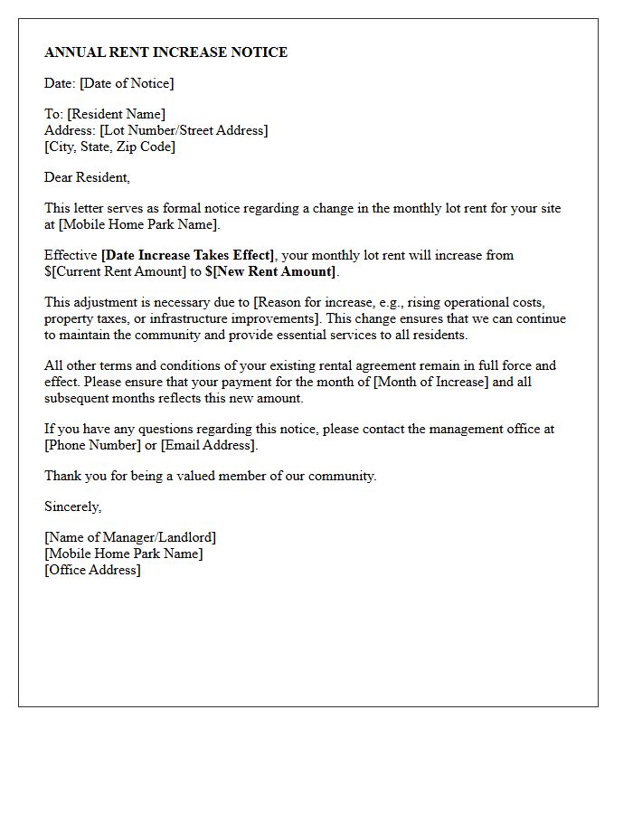 Annual Mobile Home Park Lot Rent Increase Notice Letter