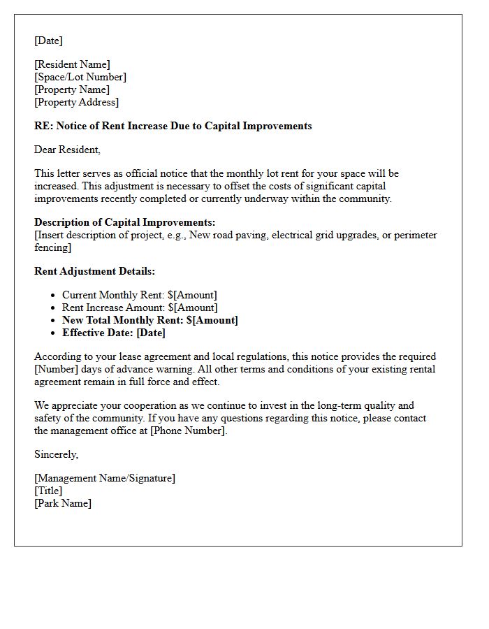 Capital Improvement Mobile Home Park Lot Rent Increase Notice Letter