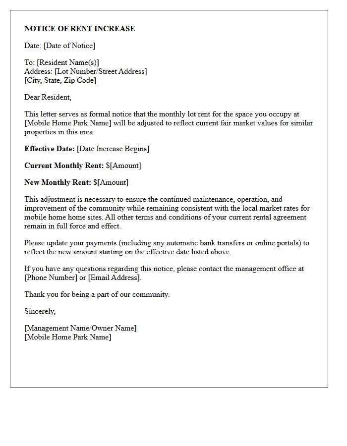 Fair Market Value Mobile Home Park Lot Rent Increase Notice Letter