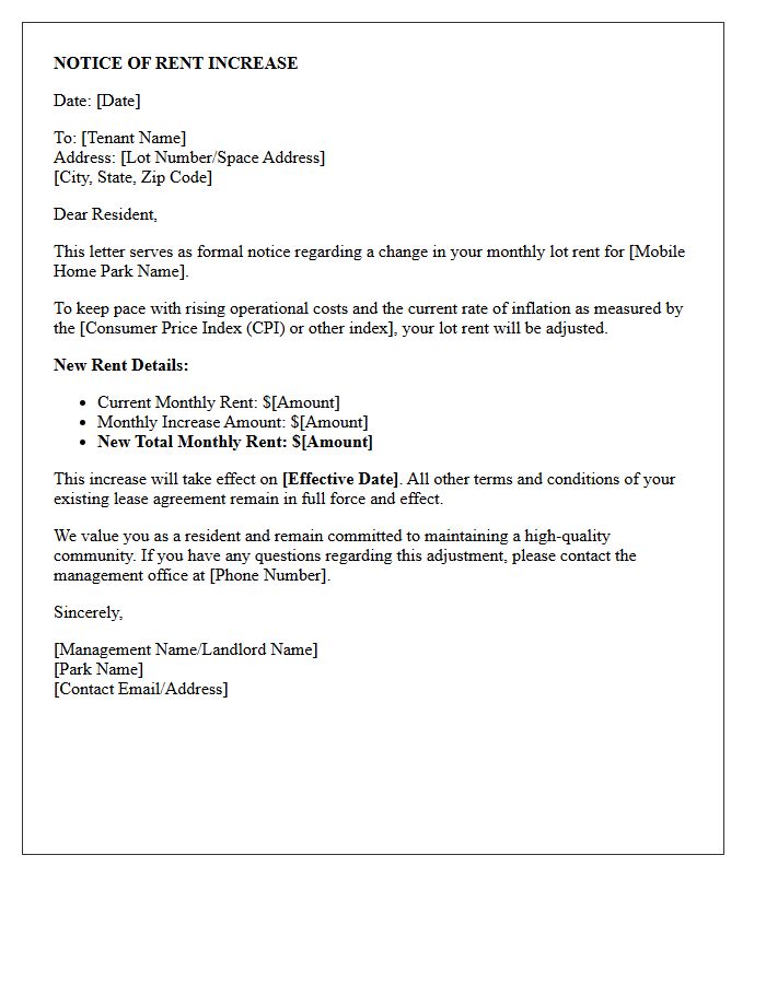 Inflation Adjusted Mobile Home Park Lot Rent Increase Notice Letter